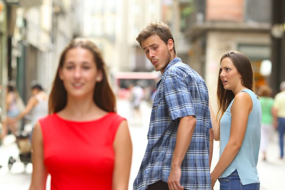 Distracted Boyfriend blank image with space for 3 editable captions